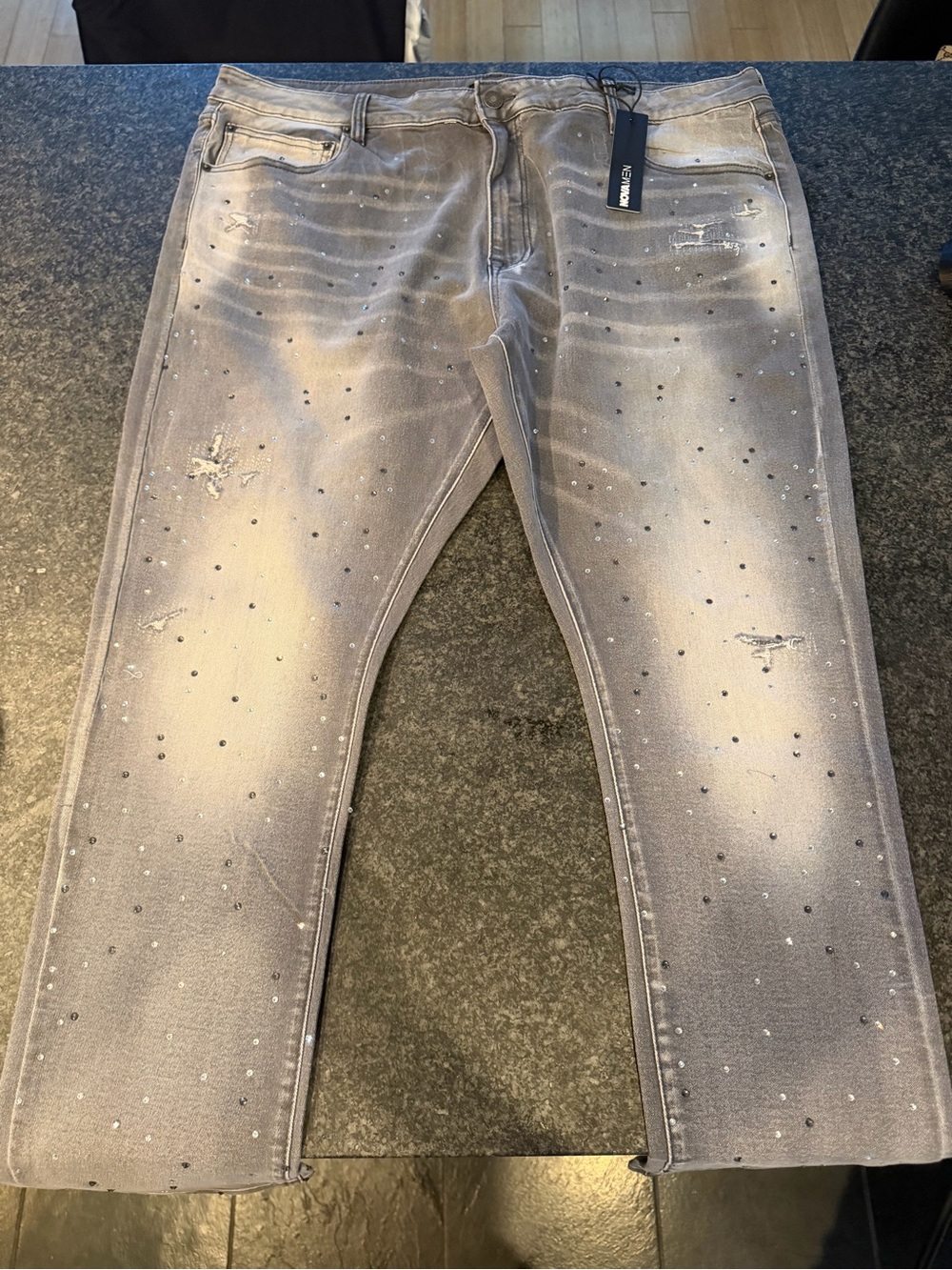 Fashion Nova Men’s Grey Rhinestone Straight Jeans